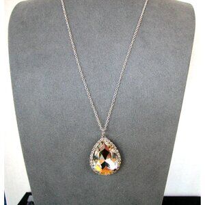 Teardrop Crystal Pendant Necklace With Rhinestone Border On Silver Tone Chain